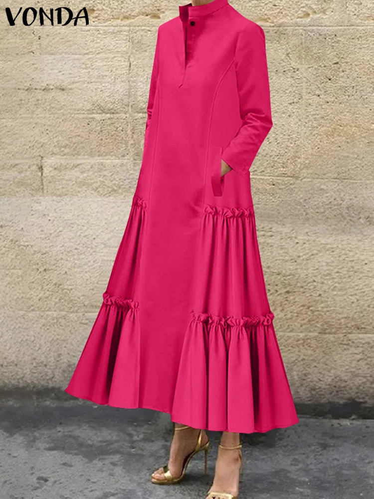 Плюс размер VONDA женское длинное платье макси с рюшами 2024 повседневное однотонное