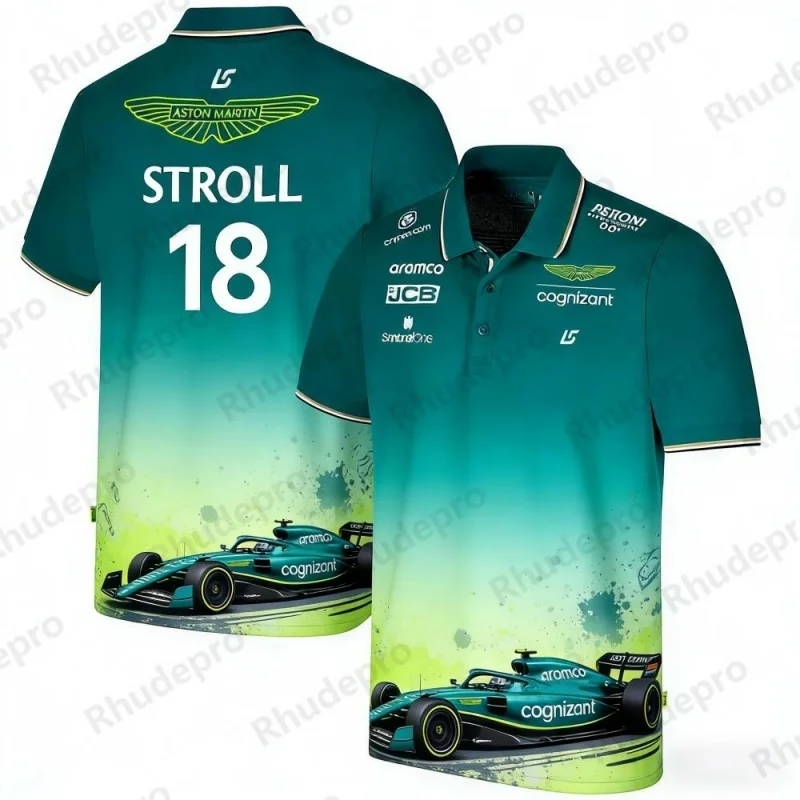 Фото Футболка-поло Aston Martin Team Alonso 14 Racing Theme с коротким рукавом для любителей автоспорта, повседневная спортивная одежда №3