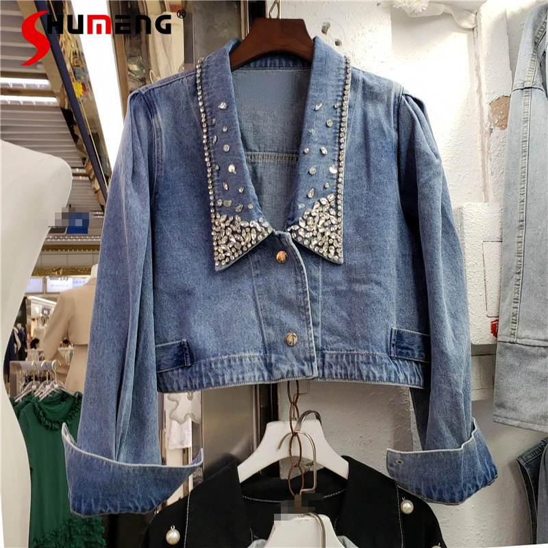

Exquisite Rhinestone Denim Coat Women 2022 Spring New Loose Slimming Button Long Sleeve Cropped Denim Jacket Outerwear Street