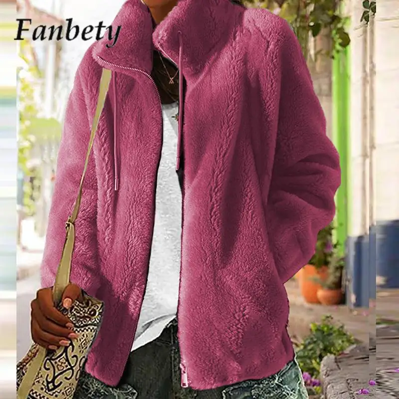 

2023 Warm Stand-Up Collar Women Jacket Autumn Winter Casual Double-Sided Fleece Zipper Coat Lady Long Sleeve Pocket Fleece Coat