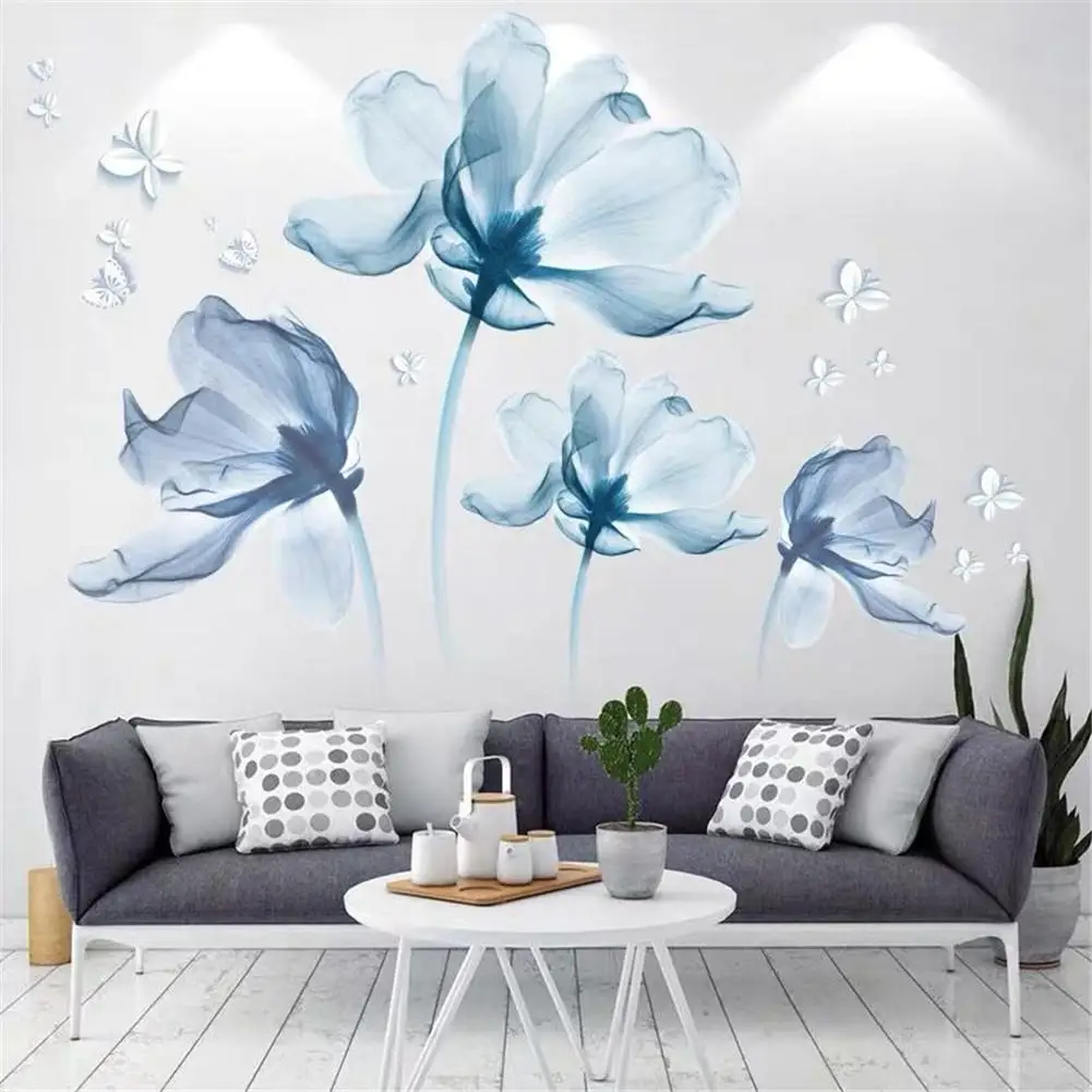 3D Large Blue Flower Wall Stickers Romantic Flowers Modern Home Decor Wall Art Poster for Bedroom Wedding DIY Wall Decals
