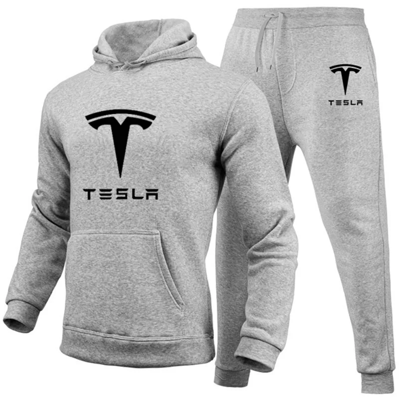 Hoodies Men Tesla Car Logo Print Casual Harajuku Gradient color Hooded Fleece zipper Jacket Sweatshirt Sweatpants Suit 2pcs