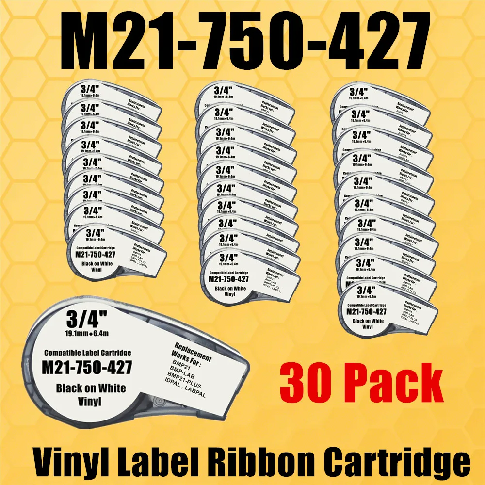 

30Pack Label Tape M21-750-427 Ribbon Vinyl Cartridge Black on White Film for Portable Printer,Labeller,Handheld Label Printer
