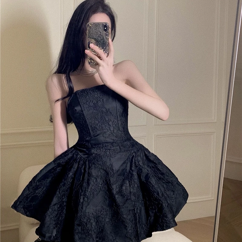 

Women Gothic Strapless Dress French Style Summer 2023 Black Floral Sexy Party Ball Gown Dress Elegant Lolita A-Line Nini Dresses