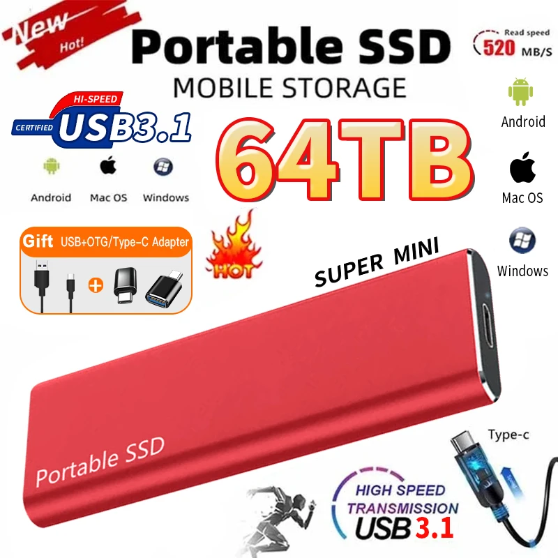 

Portable Hard Drive 1TB 2TB SSD USB3.1 High-speed External Hard Disk Mobile Solid State Drive Type-C For Notebook Laptop Mac외장하드