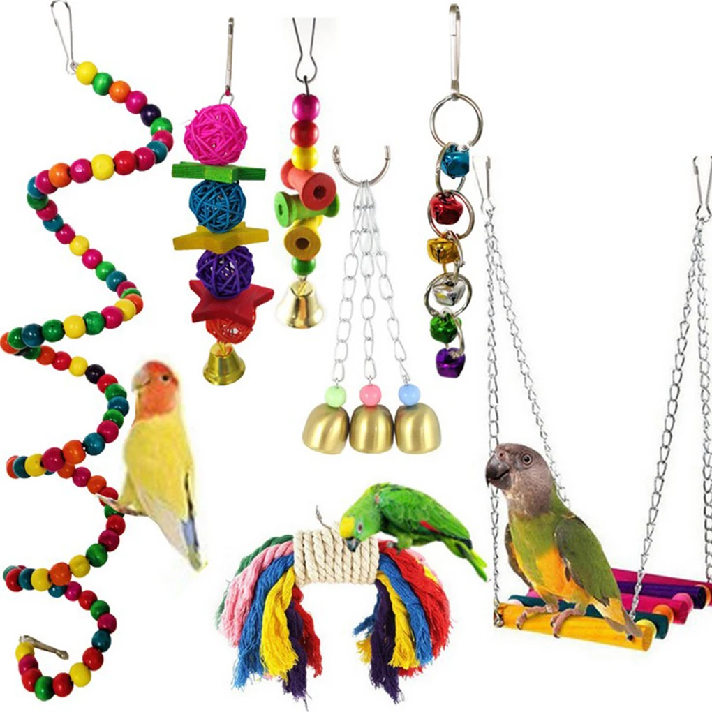

7PCS/Set Random Color Parrot Toy Kit Swing Bells Hanging Bridge Wooden Chewing Bird Toys Standing Training Tool