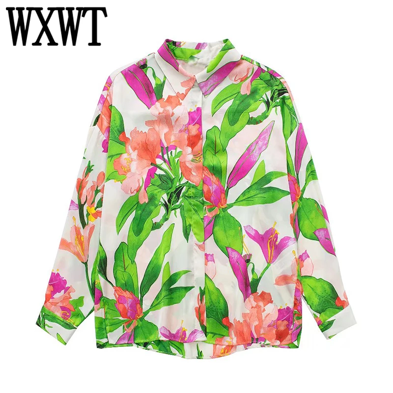 

WXWT 2022 Women Floral Print Shirt Turn-down Collar Long Sleeve Blouse Female All-match Tops Camisas Mujer XX8629
