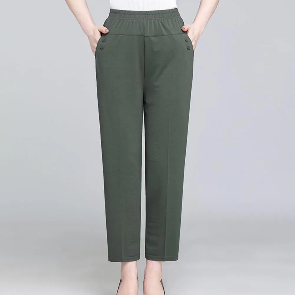 

Women Pants High Waist Elastic Waistband Women Pants Button Decor Pockets Lady Slacks Office Lady Straight Wide Leg Trousers