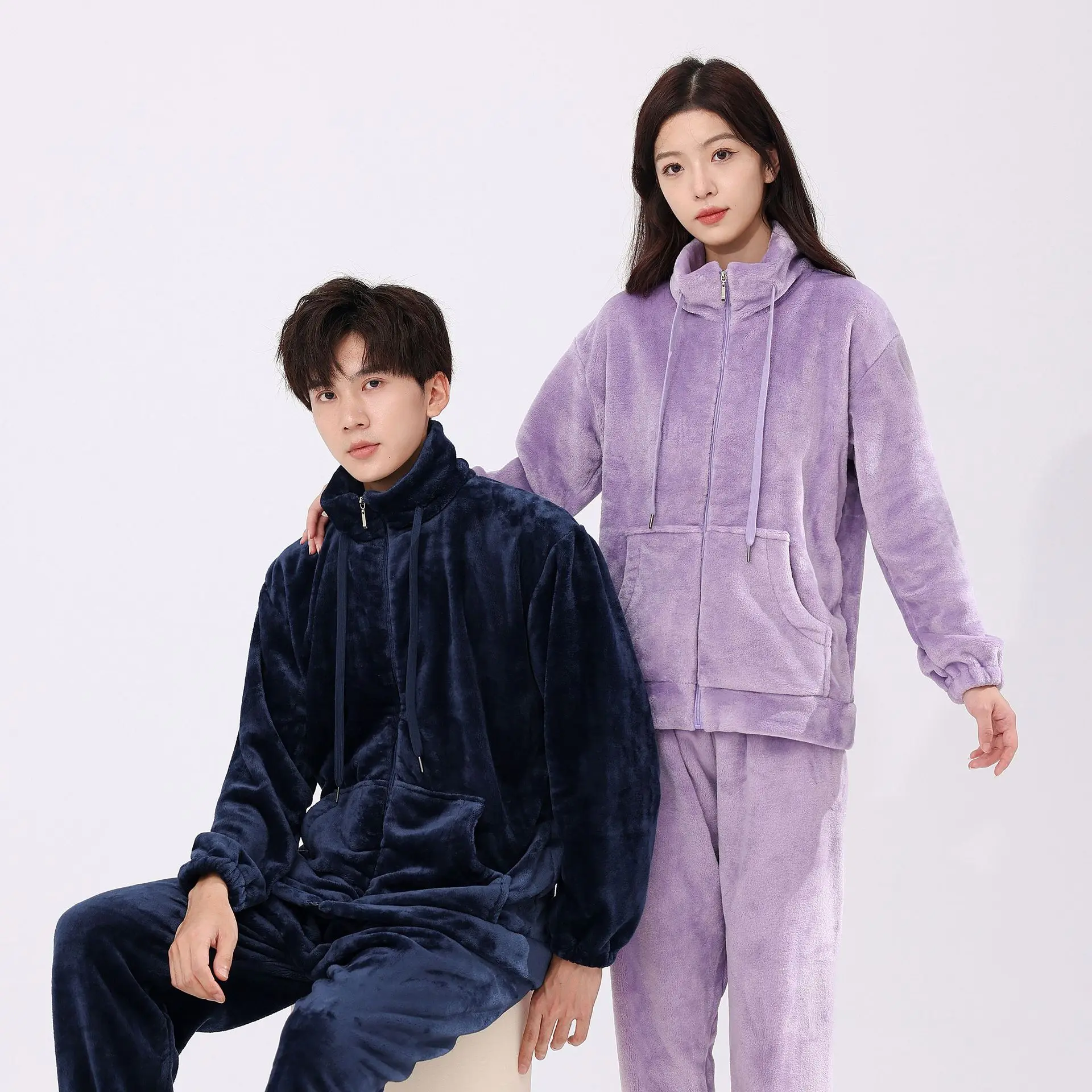 Flannel Men Pajama Pants 2 Pieces/Set Long-sleeve Pijama Suit For Women Solid Casual Loose Homewear Winter Thick Warm Sleepwear