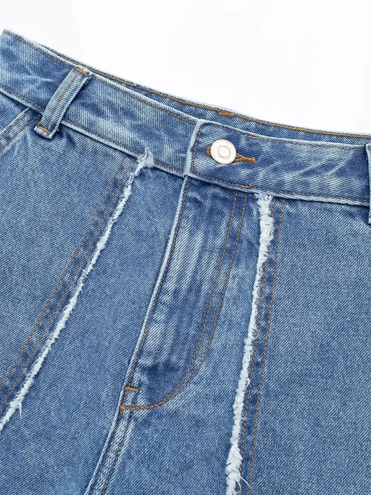 PAILETE Women 2023 fashion patch pockets denim wrap shorts skirts vintage high waist frayed trims female skort mujer