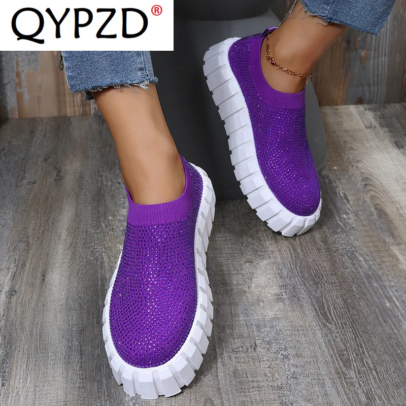 

New Rhinestone Sneakers Women 2022 Spring Comfy Stretch Fabric Ladies Slip On Loafers 36-43 Large-Sized Running Walking Flats