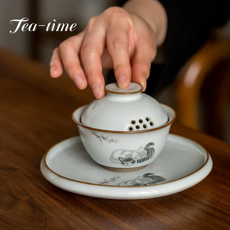 

Чайная чашка в стиле ретро с рисунком в виде кошки, дорожная портативная чайная чаша, домашний чайный набор ручной работы в китайском стиле, 100 мл