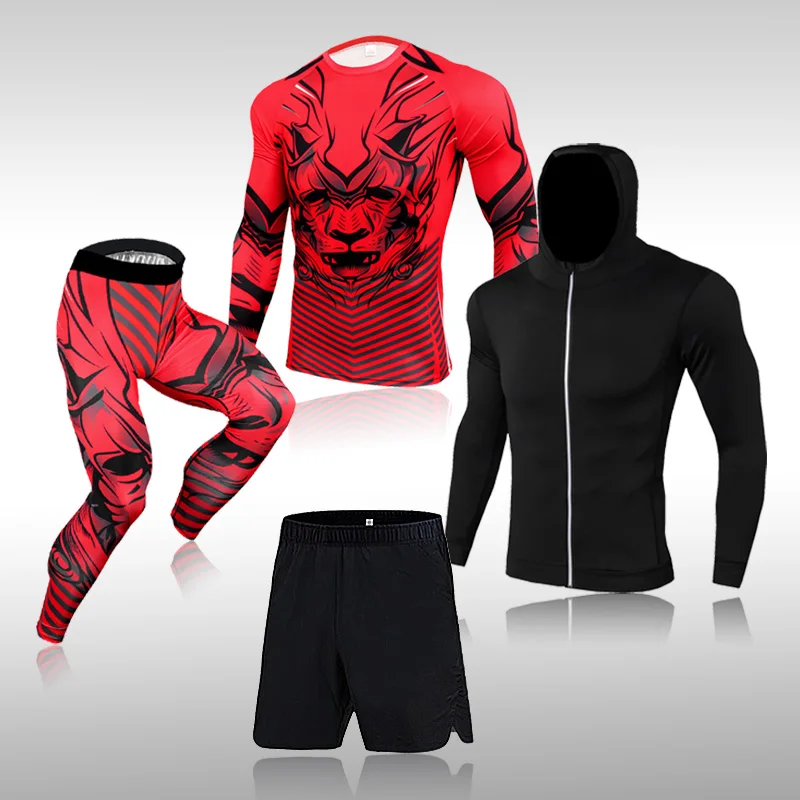 

4 Pcs Set Men Tracksuit Gym Fitness Compression Suit Clothes Running Jogging Sportswear Exercise Workout Tights Hooded Jacket