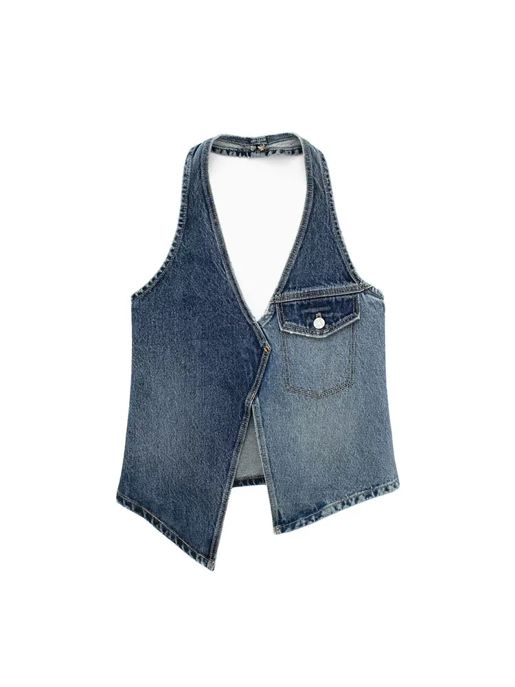 

PB&ZA Women New Fashion Asymmetric Denim Top Vintage Halter Sleeveless Backless Pocket All-Match Casual Chic Female Tank Tops