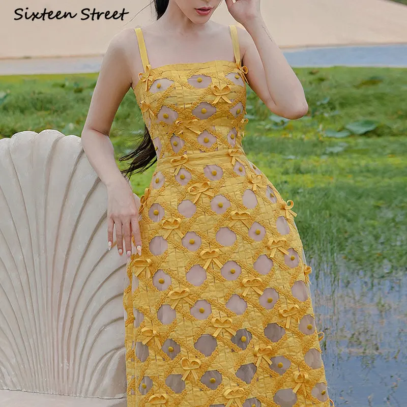 

Yellow Lace Straped Dress Women 2023 Elegant Slash Collar Vacation Party Vestido Women's Clothing A-line Hook Flower Dresses