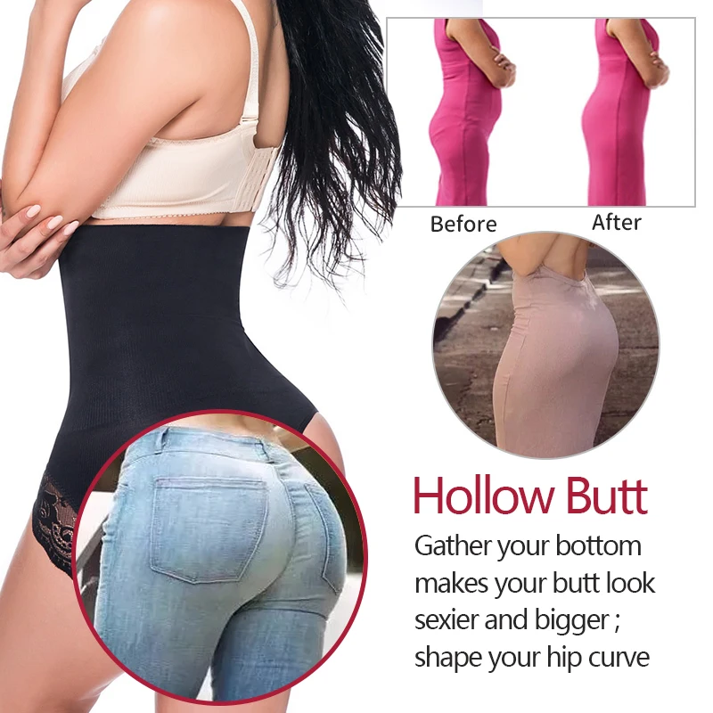 High Waist Tummy Control Panties Women Shapewear Lace Trim Hollow Cut Butt  Lifter Body Shaper Sculpting Briefs Underwear Nude