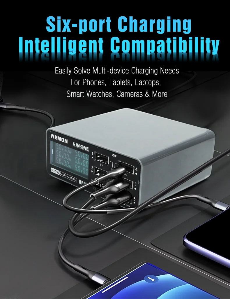 Фото Многопортовое зарядное устройство WEMON DP01 DP02 DP03 с портами QC, PD, PPS, USB и беспроводной зарядкой, 76 Вт, 65 Вт, 85 Вт для iPad и мобильных телефонов №5