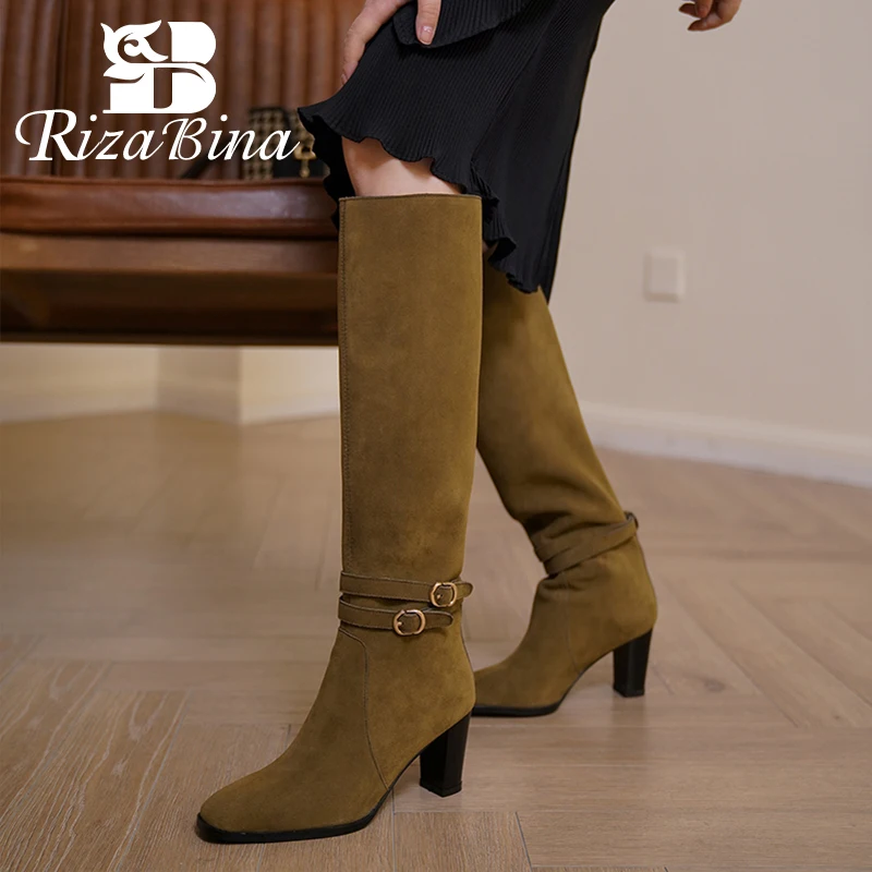 

RIZABINA New Women High Heel Boots Real Leather Winter Shoes Woman Fashion Knee Boots Party Shoes Ladies Footwear Size 34-40