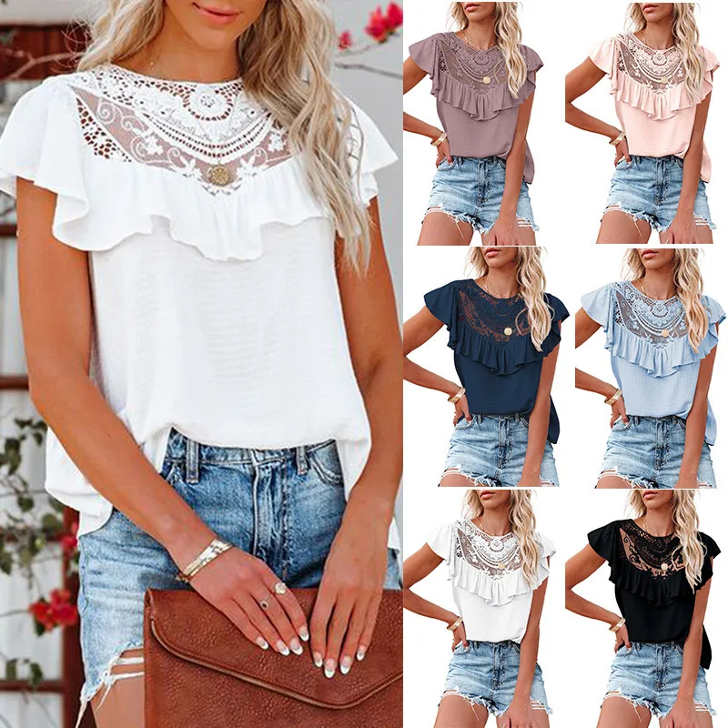 

Women's 2022 Summer Spring New Ladies Crochet Girdle Sweet Top Hollow Shirt Blouse O Neck Short Ruffles Sleeve Tee Tops