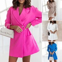 lapel long sleeve big pockets women blazer solid color anti pilling autumn elastic waist mid length suit coat formal occasions