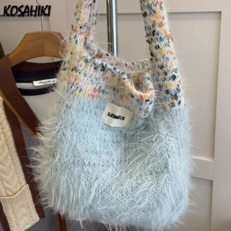 Женские милые пушистые сумки с верхней ручкой японские вязаные клатчи в стиле