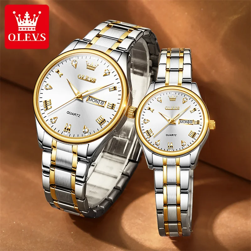 OLEVS 2023 Fashion Stainless Steel Couple Wristwatches with Week Calendar Waterproof Luminous Quartz Watches for Men and Women