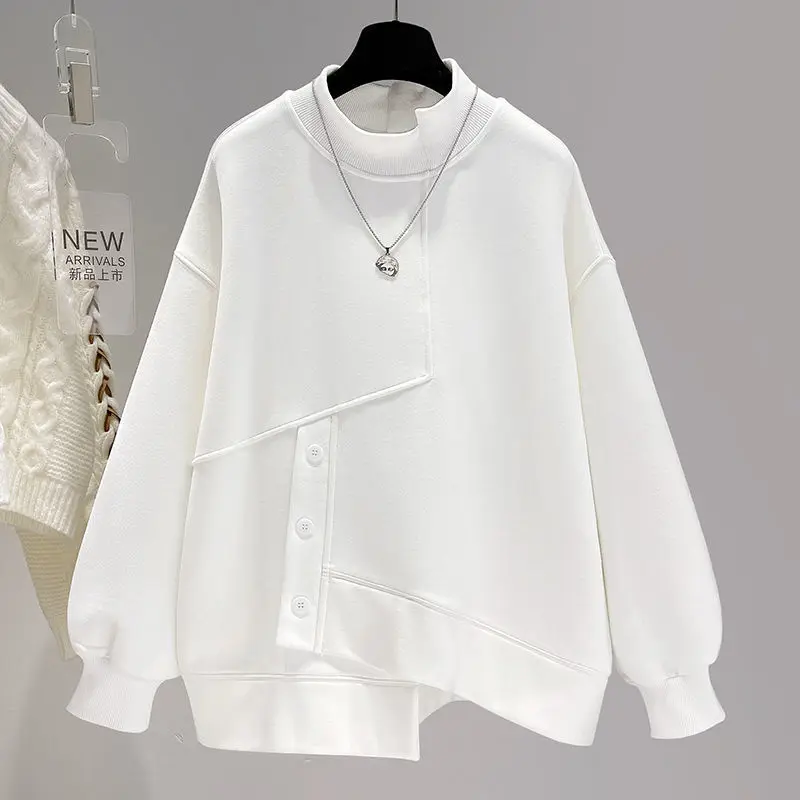 Autumn 2023 new irregular semi-high collar long sleeve hoodie for women Korean design loose simple coat top