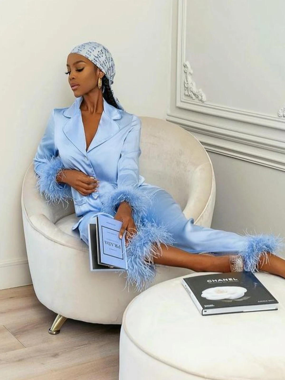 Women's Pajama Set Feather Trousers Two Piece Set Silk Solid Color Lapel Long Sleeve Top Sleep Top High Fashion Spring Summer