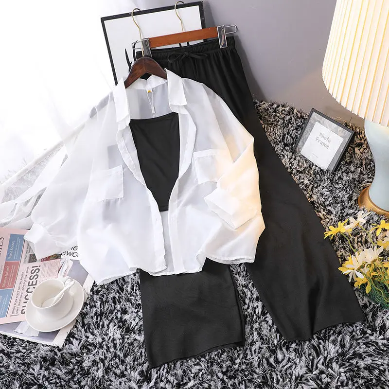 

Women 2022 Summer Chiffon 3 Piece Set Female Long Sleeve Shirts+Lace Up Stretch Waist Wide Leg Shorts+Camis Suit Outfits L71