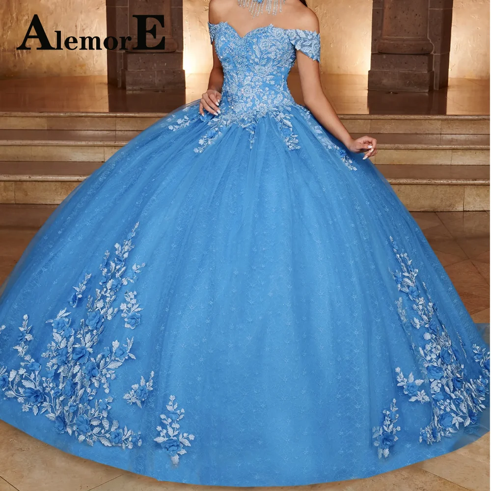 

Alemore Modern Ball Gown Quinceanera Dresses 3D Flowers Off the Shoulder Appliques Sweetheart Lace Up Dropping Shipping Vestidos