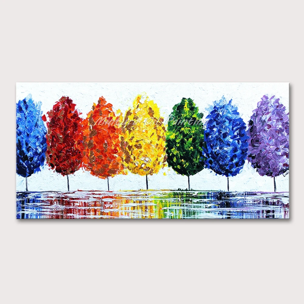 

Mintura Wall Pictures for Living Room Trees of Seven Colors Hand-Painted Acrylic Canvas Art Oil Paintings Hotel Decor No Framed