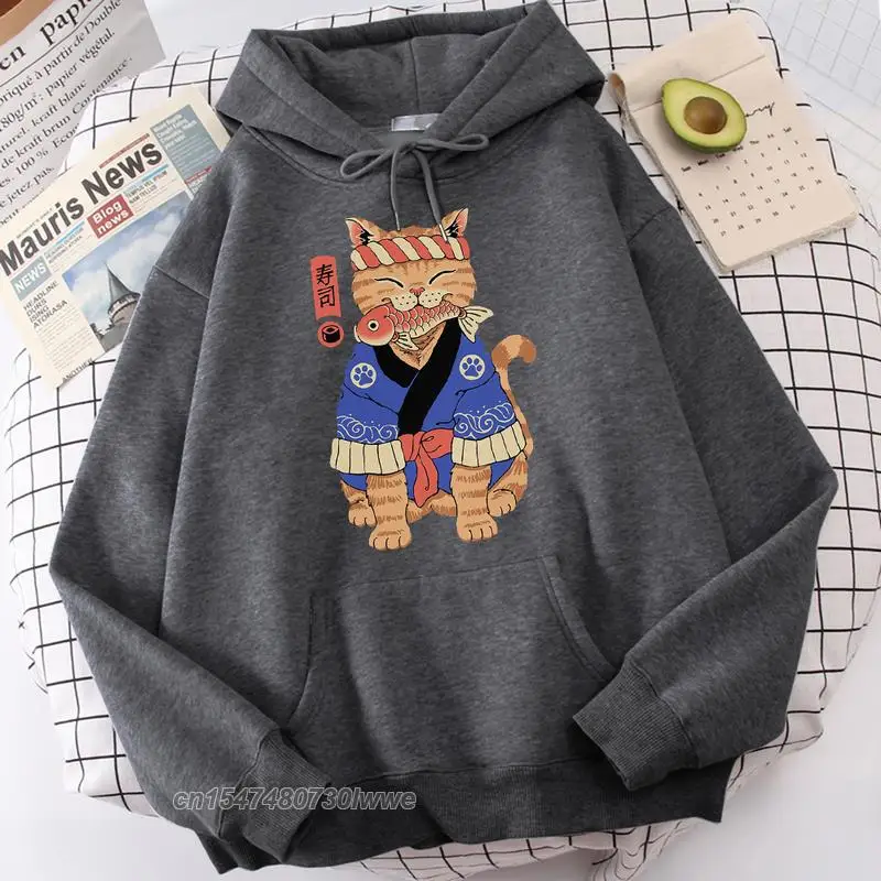 

Fish Cat Sushi Japanese Style Ukiyoe Printing Men/Women Hoodies 2022 Comfortable Clothing Soft New 2022 Fashion Mens Hoody