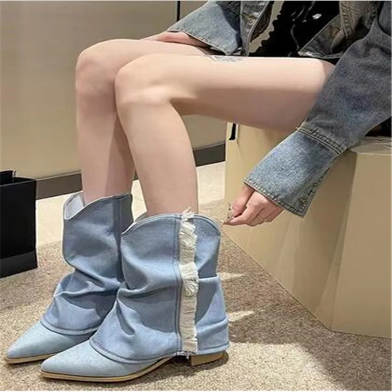 

Women's Boots 2023 Autumn Women Cowboy Boots Pointed Toe Square Heels Boots Fashion Denim Tassel Shoes New Mid-Calf Female Boot