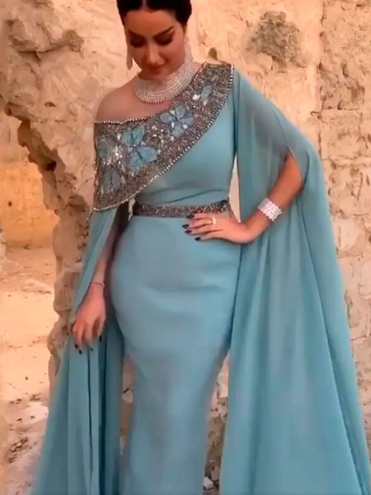 

Scoop Neck Capped Long Sleeve Wedding Party Formal Evening Gowns Custom Made Muslim Blue Sequins Beads Mermaid Prom Dresses