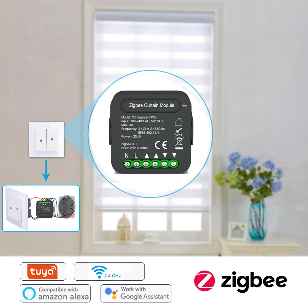 Модуль переключения занавесок QS-Zigbee/Wifi-CP03 Tuya ZigBee/Wi-Fi для рулонных жалюзи