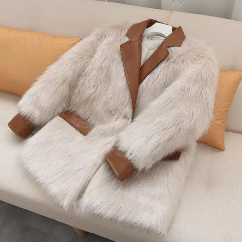 Luxury Vintage Women's Winter Fox Fur Coat Faux Leather Suit Collar rabit fur faux Warm Fur Jacket Sexy Streetwear Overcoat Girl