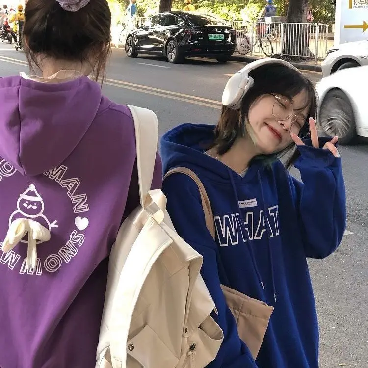 

Letter Printing Casual Wild Simple Loose Hooded Autumn and Winter New Style Plus Velvet Thick Thick Warm Solid Color Sweater