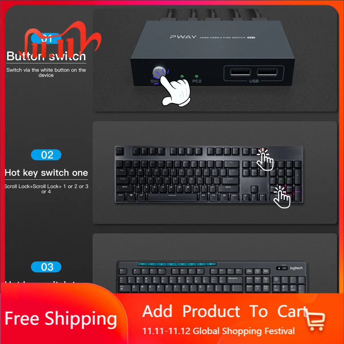 

KVM-переключатель USB1.1 для ПК, ноутбука, 2 компьютера, совместное использование 2 USB-устройств, периферийный коммутатор с клавиатурой 4K @ 30 Гц 10,2 ...