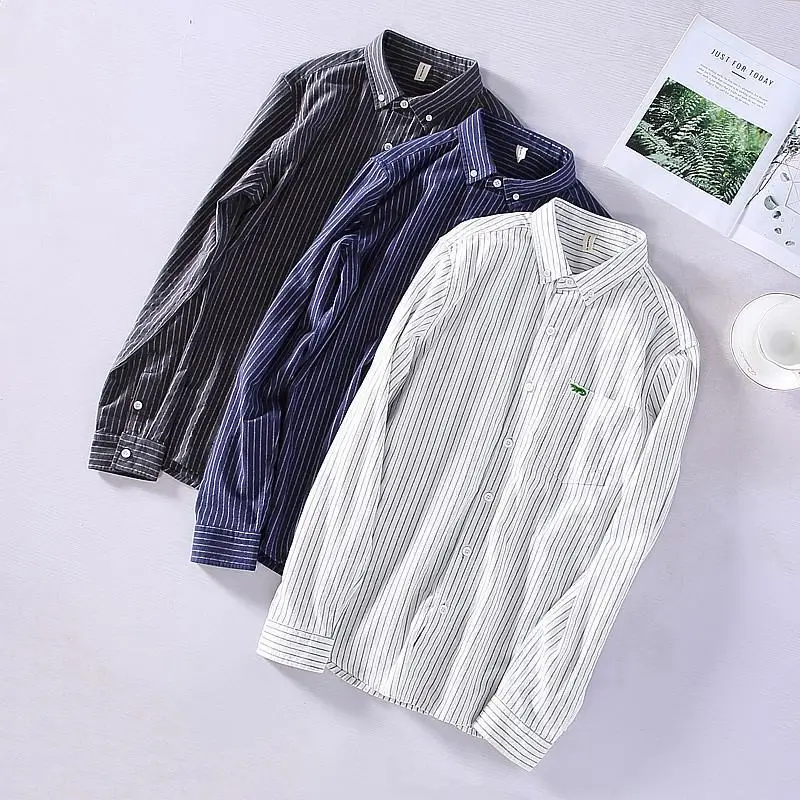 High Quality Japanese-Korean New Style Mens Shirt Striped Casual Long Sleeve Cotton Shirt Hommes Blouse Clothing Male Tops S-3XL