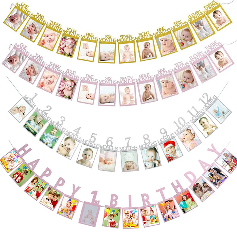 12 Месяцев Фоторамка Баннер Первый Счастливый День Рождения Декорация Вечеринки Для Детей 1-го Года Мальчик Девочка Годовщина Поставки Душ