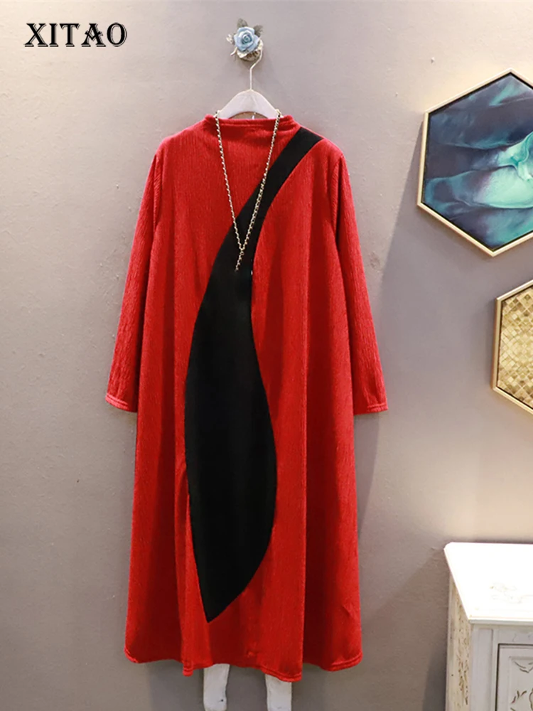 

XITAO свободное новое платье пуловер контрастный цвет простота лоскутное Повседневный стиль круглый вырез длинный рукав Темперамент осень ...