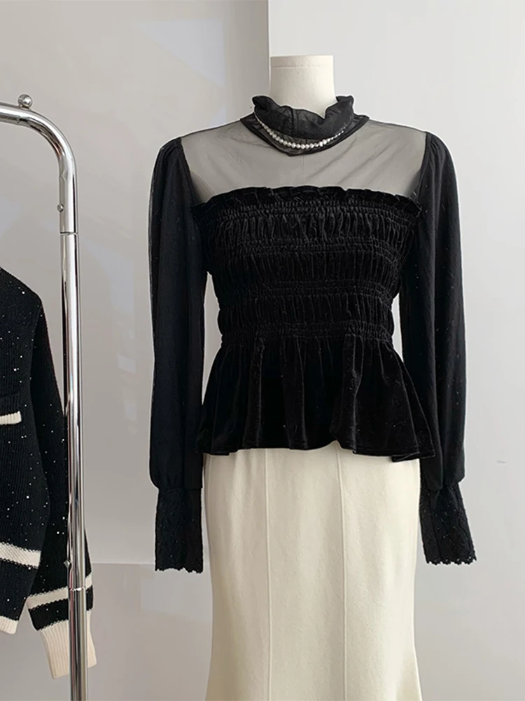 

Плиссированная Дизайнерская Женская кружевная одежда в стиле пэчворк, осенне-зимняя футболка с полувысоким воротником, женские облегающие Простые блузки, удобная французская стильная
