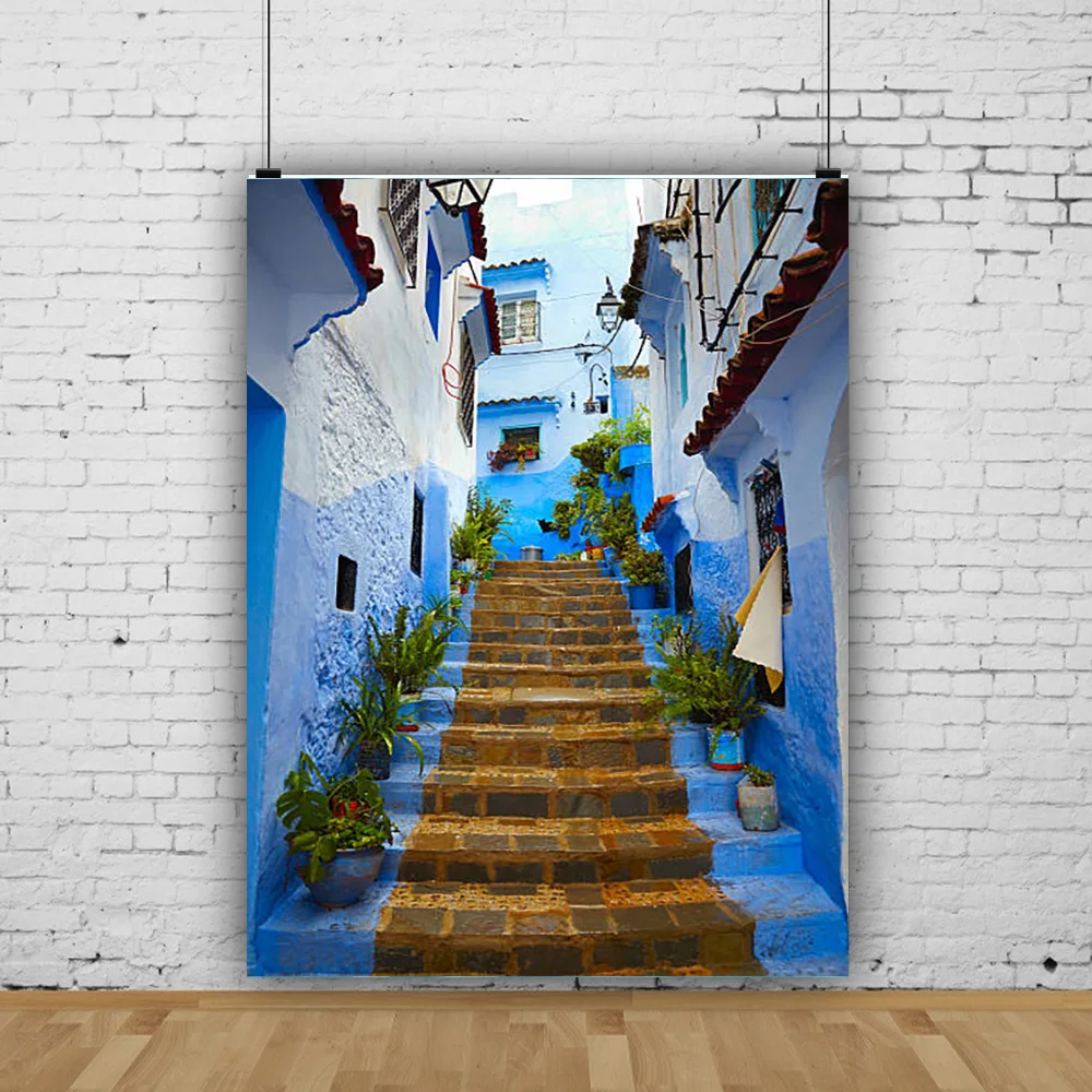 

Santorini Greek Aegean Sea Holiday Party Decoration Bay Town Architecture Flowers Stairs Photography Background XC-03