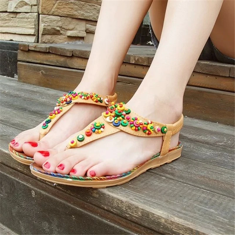 

2022 Woman Sandals Women Shoes Beads Chains Thong Gladiator Flat Sandals Chaussure Plus Size 44 Tenis Feminino Summer Sandals