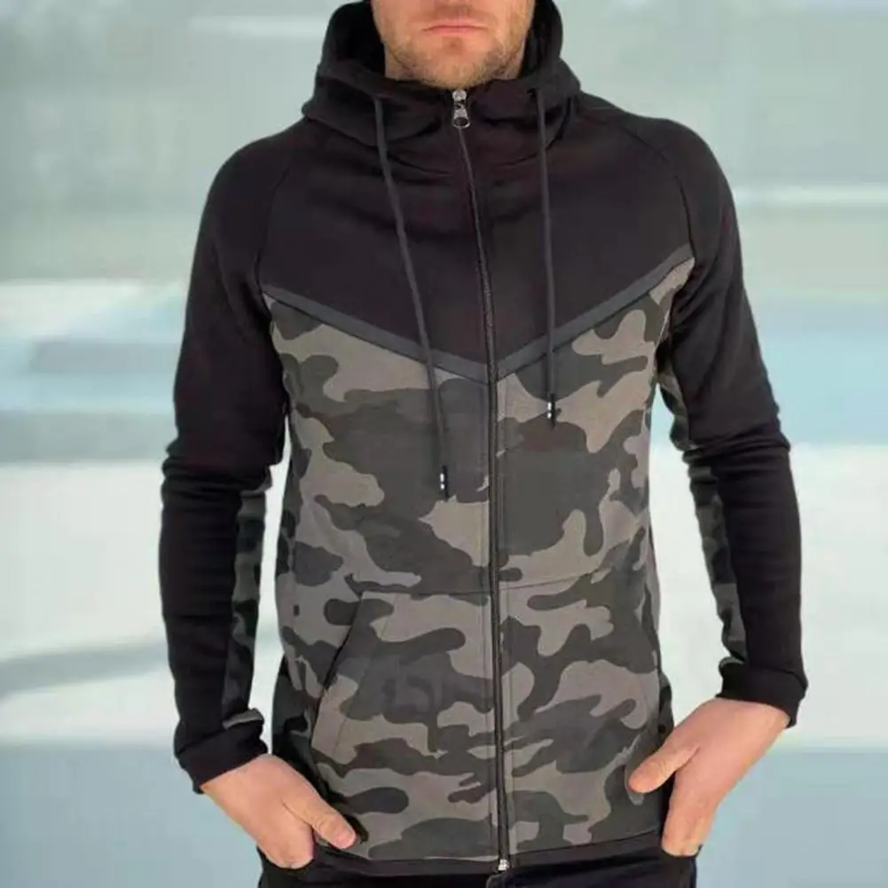 

Men Hoodie Drawstring Camouflage Contrast Colors Stand Collar Coat Elastic Cuff Long Sleeve Sweatshirt For Winter
