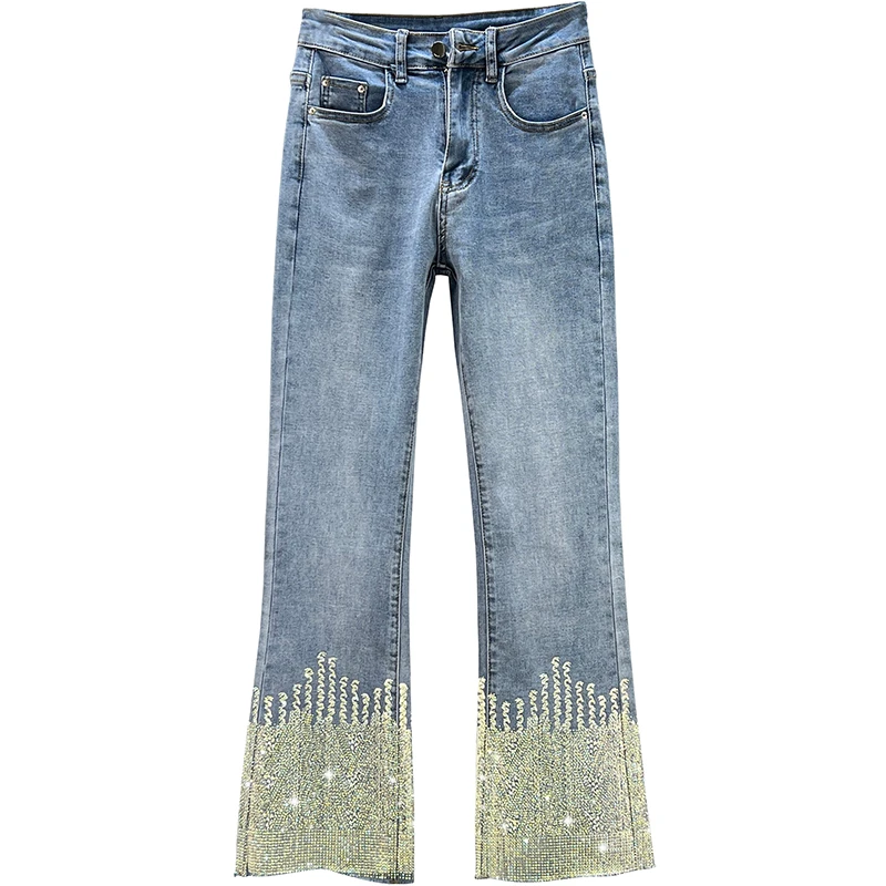 Heavy Hot Drilling Jeans Women's New Spring Summer Clothing High Waisted Jean for Woman Slim Bootcut Trousers Ladies Denim Pants