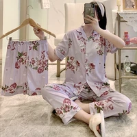 2022 womens pajamas cardigan shorts 3 piece set womens home clothes summer sexy lingerie pijama home suit nightgown female set
