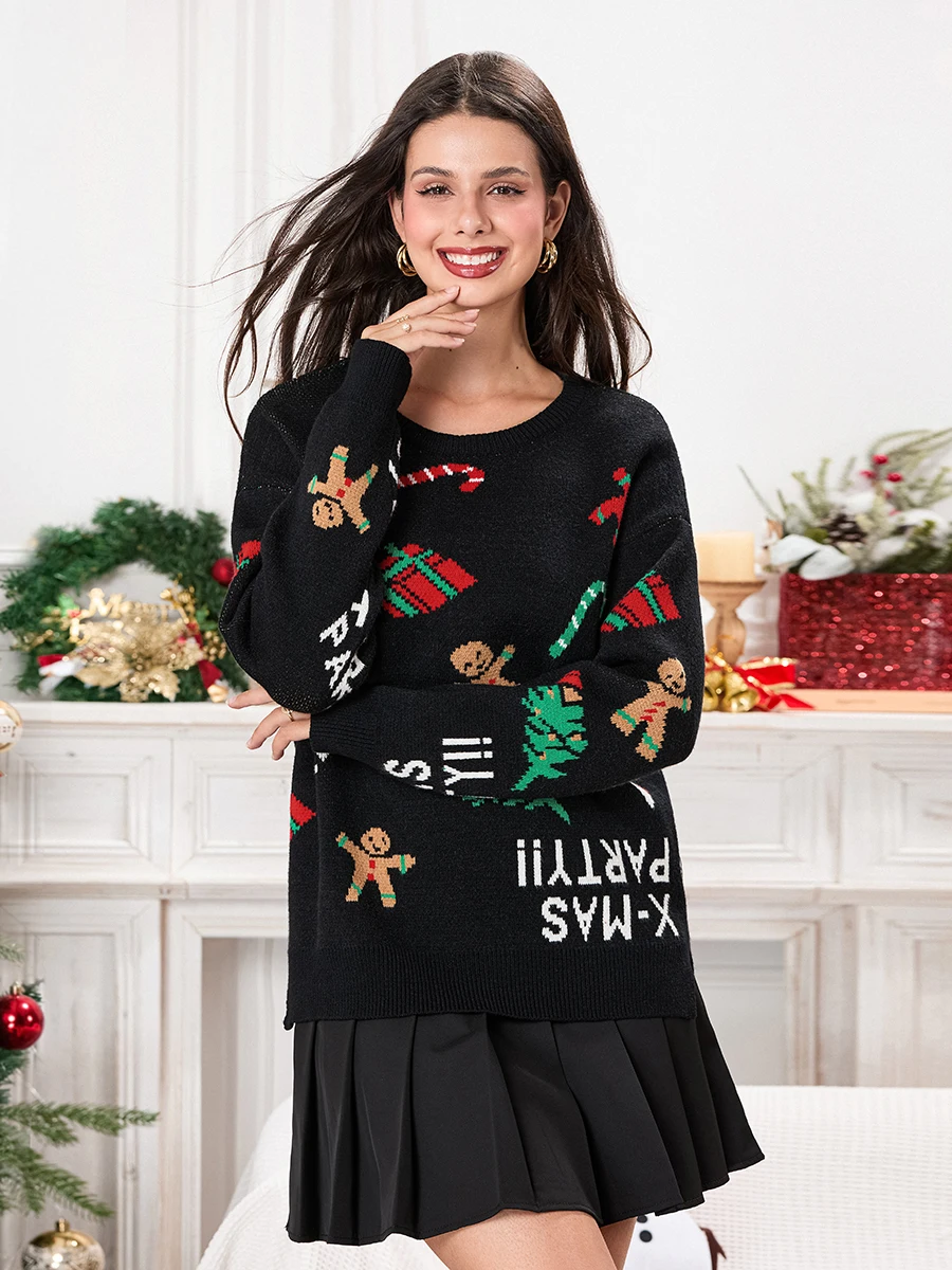 Женские рождественские свитера в рубчик вязаные топы с длинным рукавом и круглым