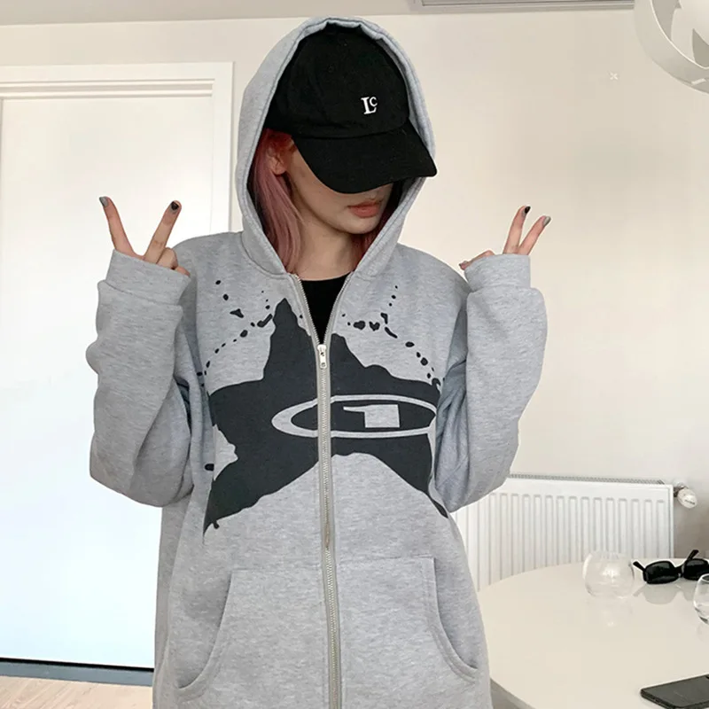 

Autumn and Winter New Star Print Zip Gray Jacket Sweet Student Jumper Thickened Female Models Loose Hooded Tops Y2k Clothes