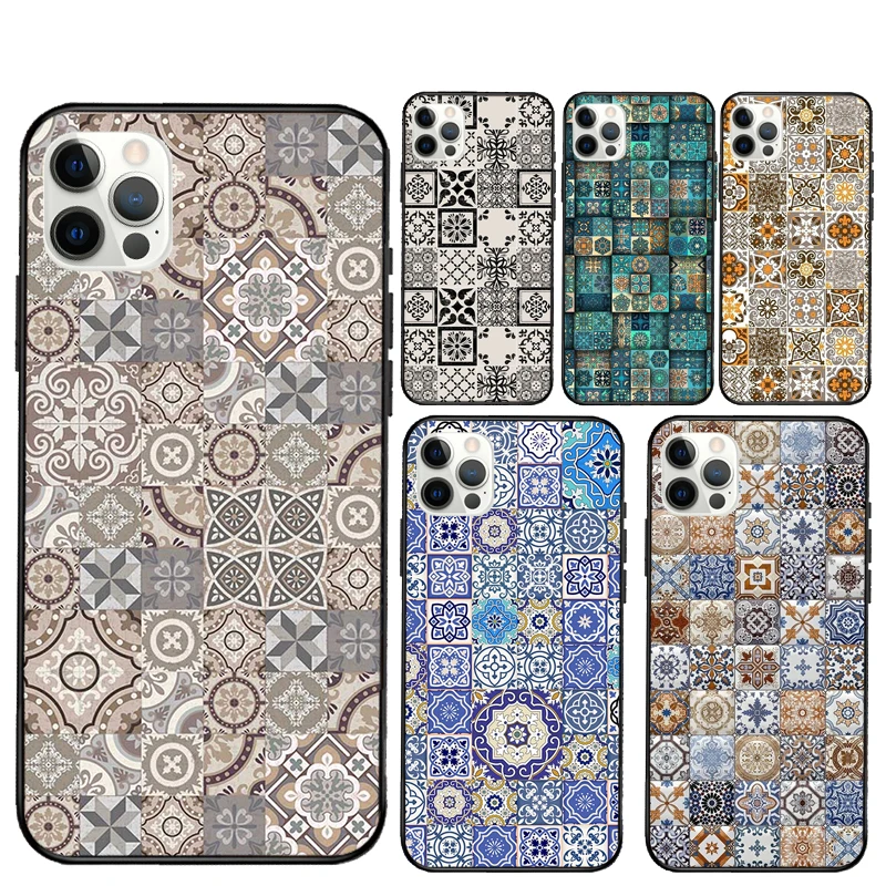 Фото Эстетический чехол для телефона в стиле бохо с мозаикой для iPhone 16 Pro Max 11 12 13 Mini 14 15 Pro Max XR 15 16 Plus 16e Cover Coque №1
